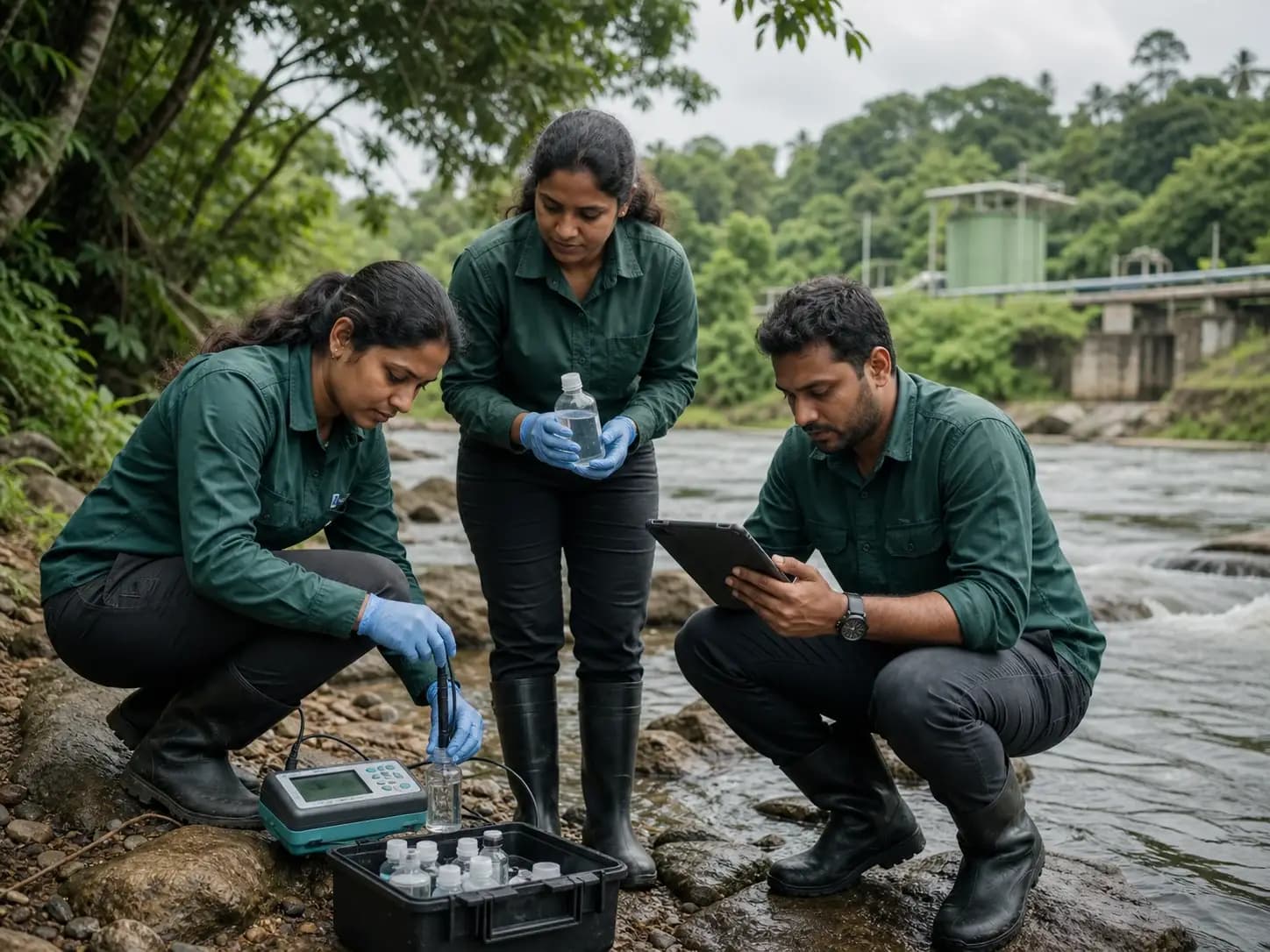Sri Lankan environmental field team reviewing water-quality measurements beside a river