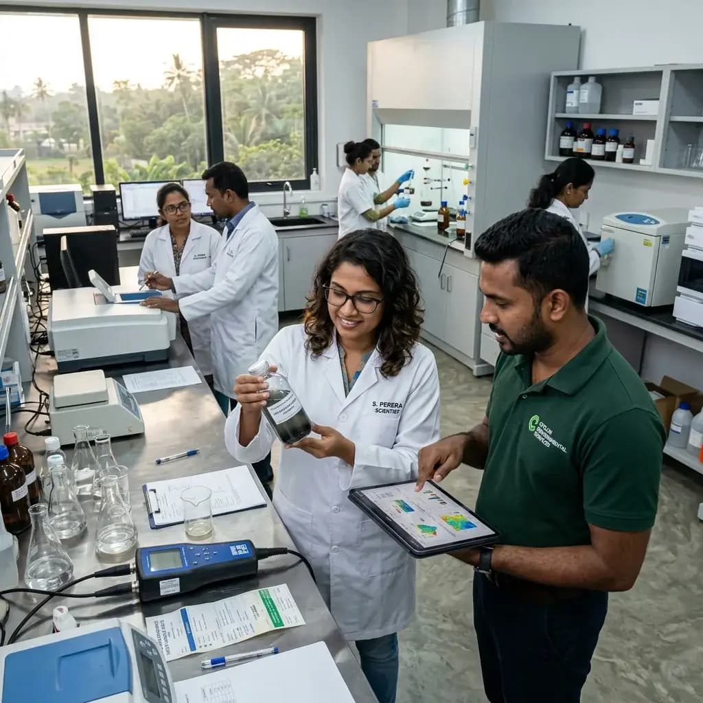 Sri Lankan environmental scientists and field specialists working together in a modern laboratory