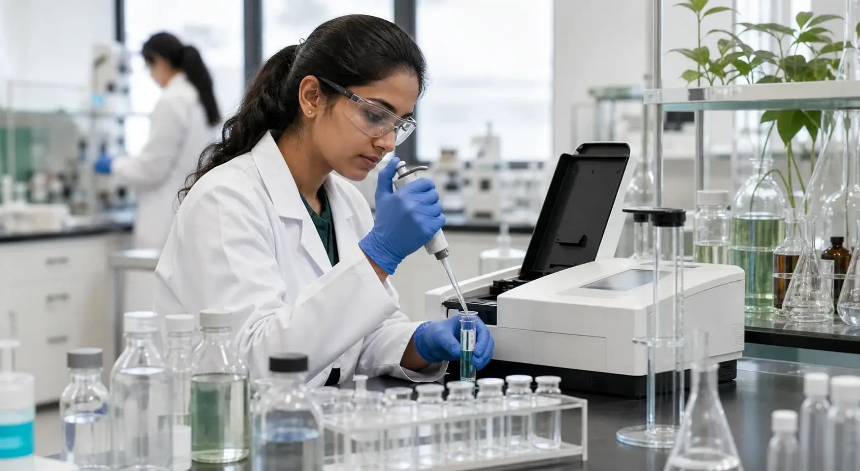 Sri Lankan environmental chemist analysing a water sample in the laboratory