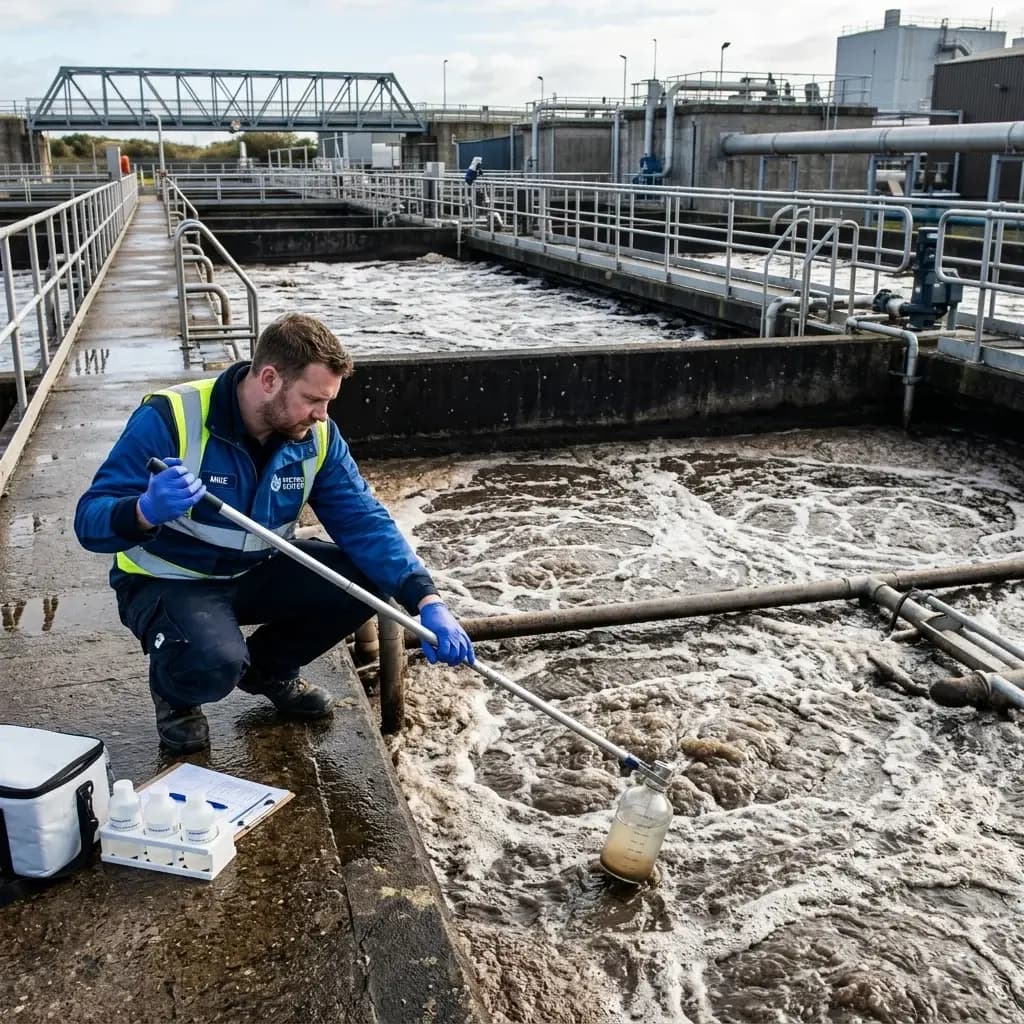 Specialist collecting a wastewater sample