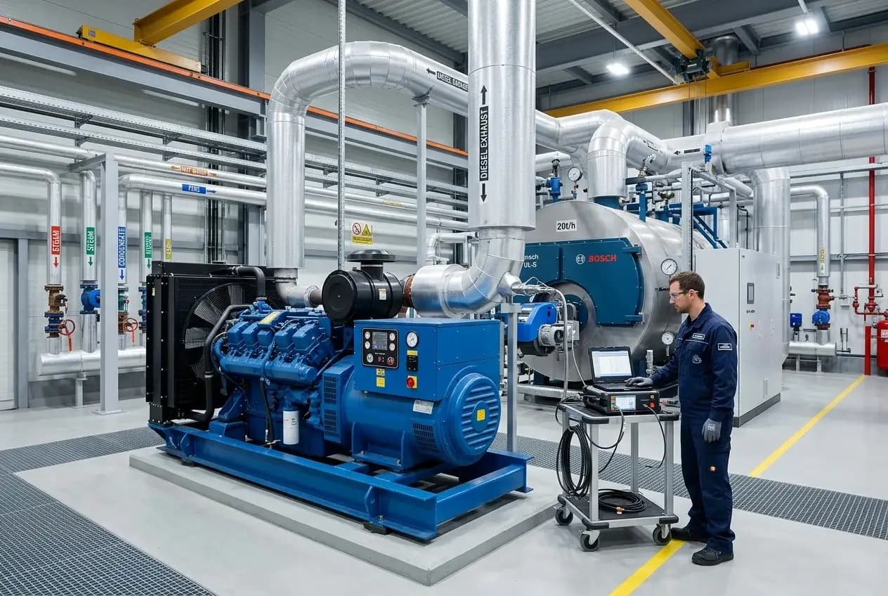 Boiler and backup generator setup with emission testing equipment