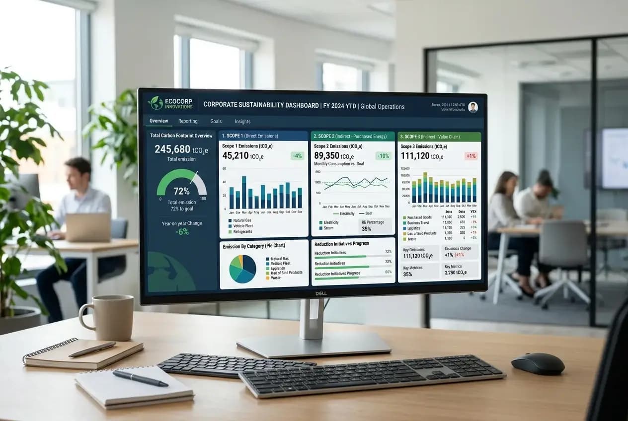 Corporate sustainability dashboard tracking Scope 1, 2, and 3 carbon emissions