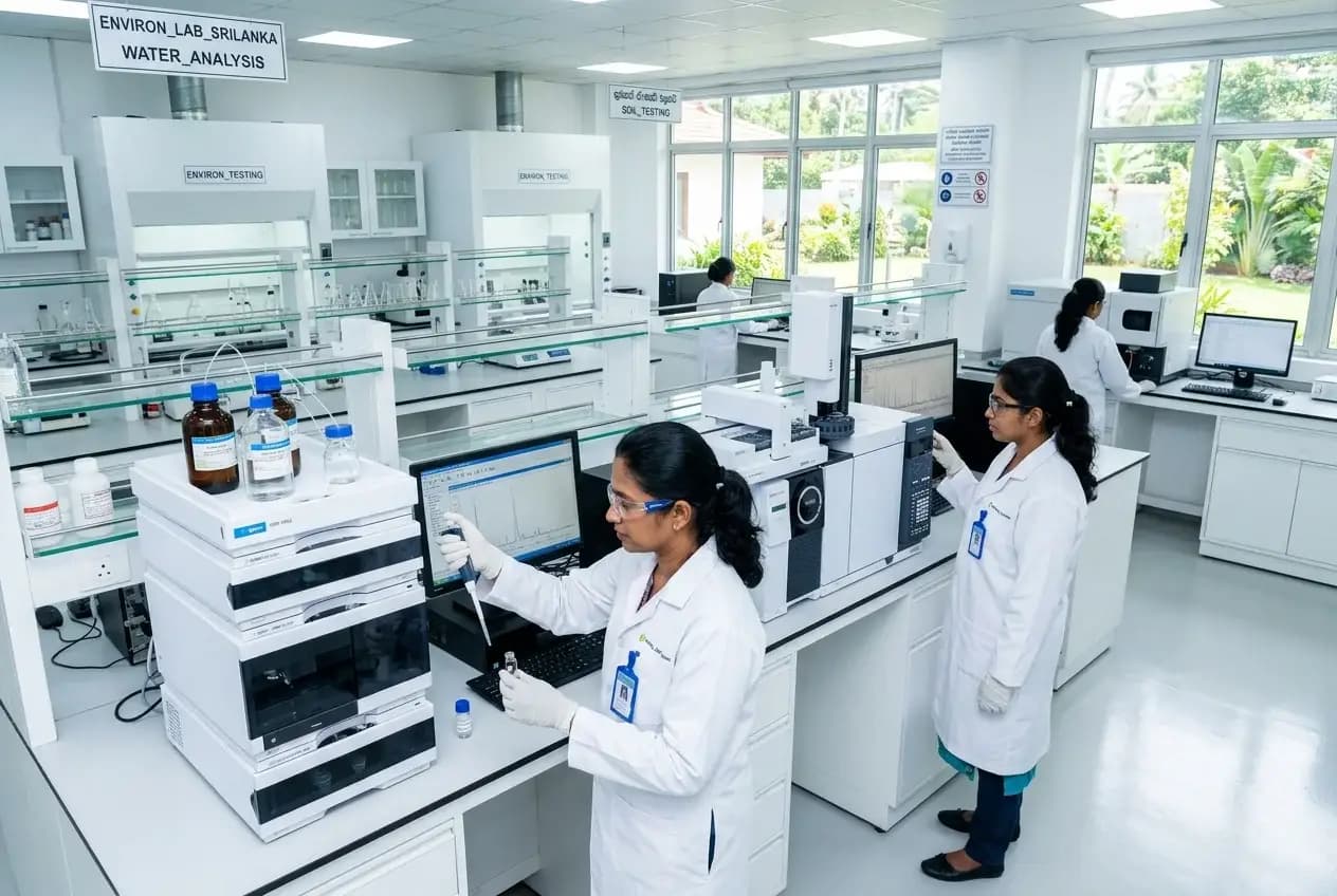 Professional chemists using analytical instruments in an environmental testing laboratory