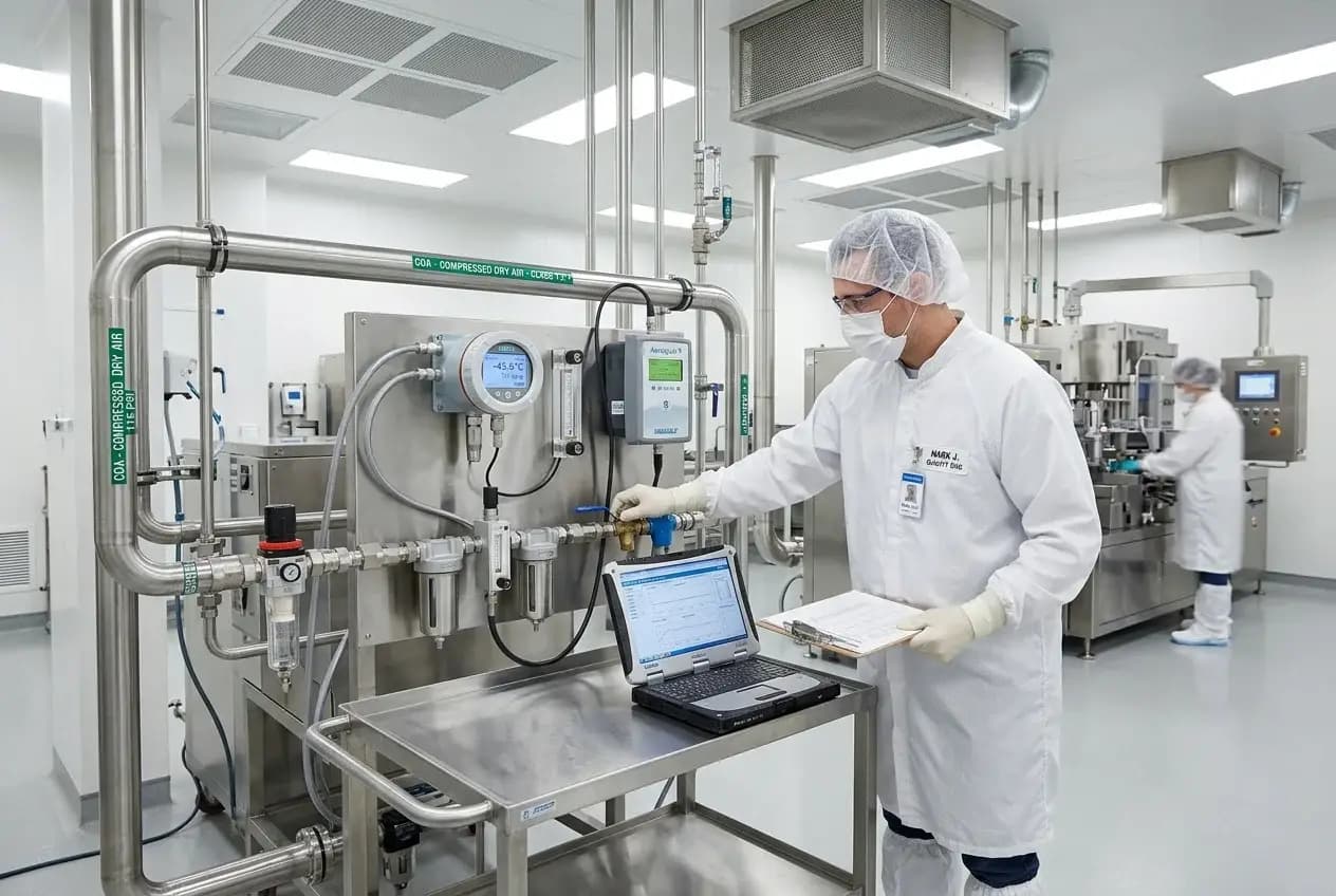 Compressed air quality testing setup in a pharmaceutical manufacturing cleanroom