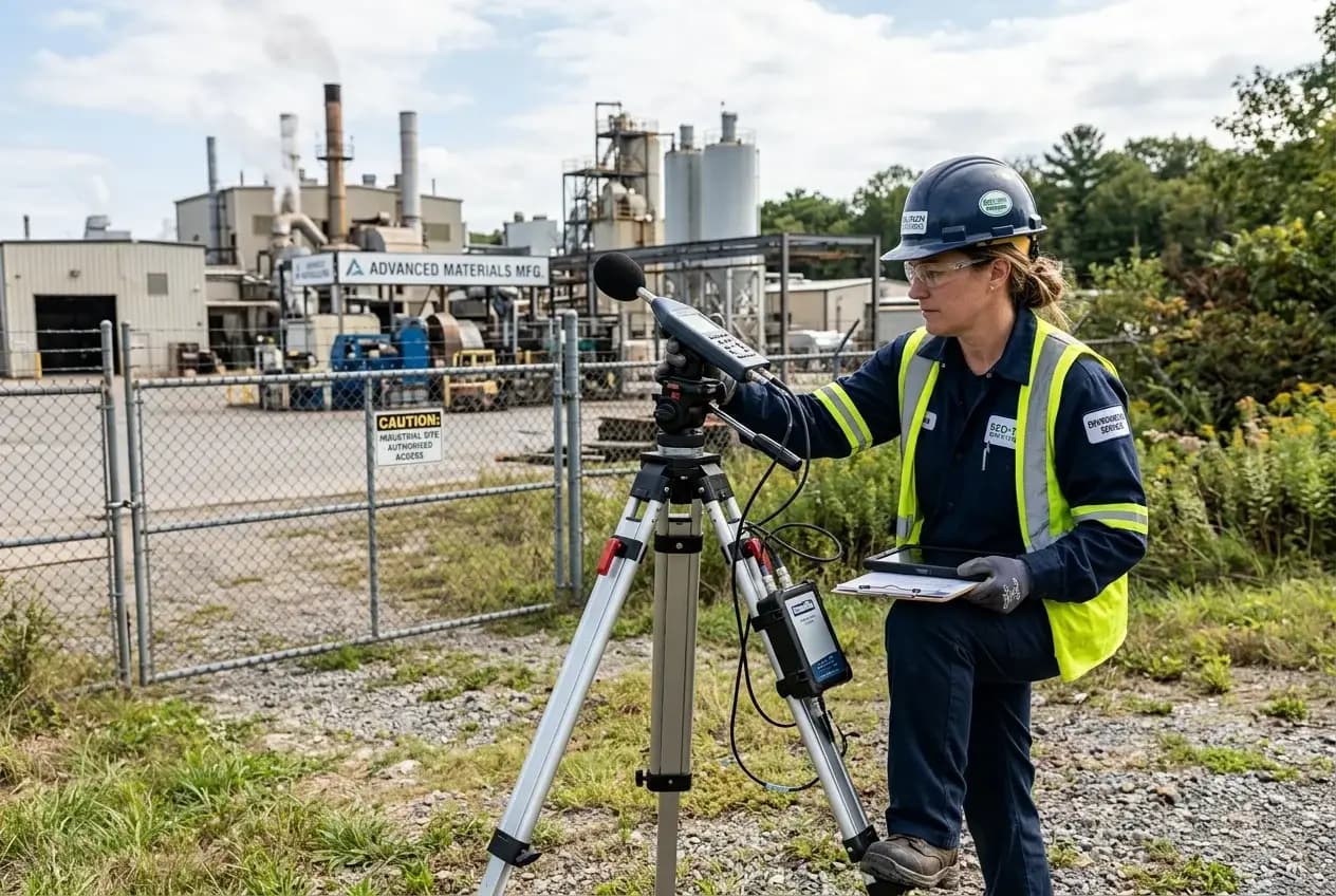 Sound level meter on a tripod measuring factory boundary noise levels