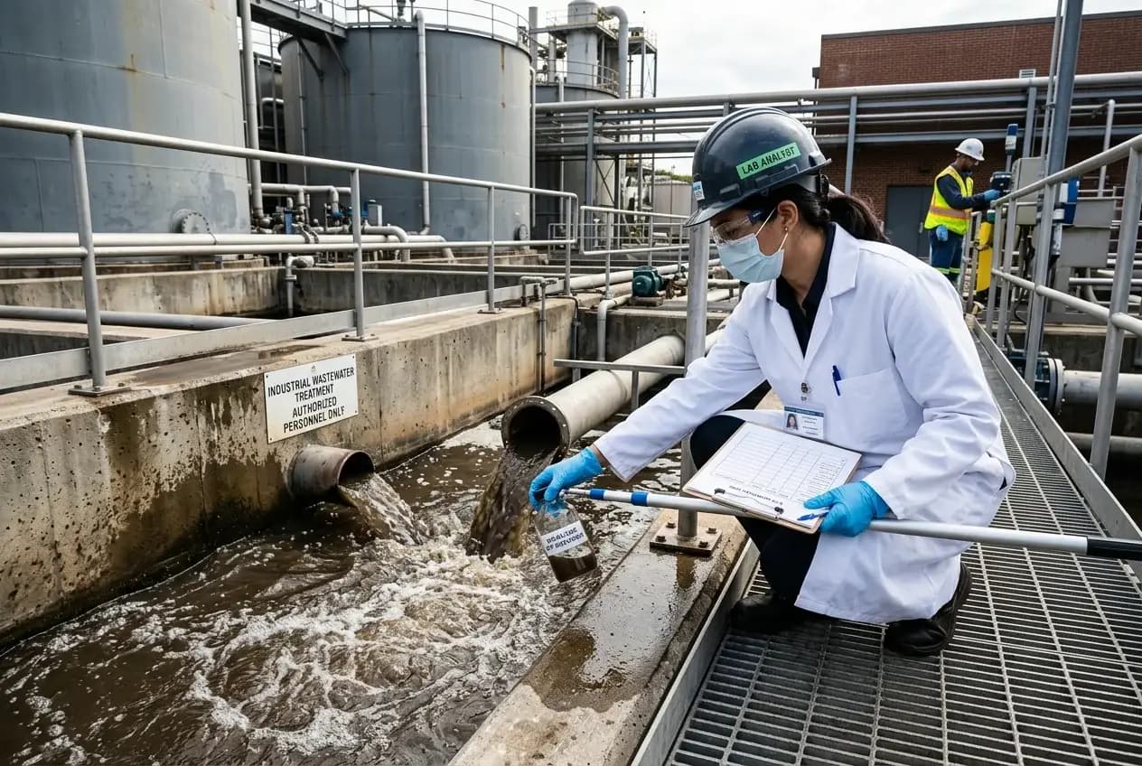 Wastewater sampling being performed at a factory effluent treatment plant pool