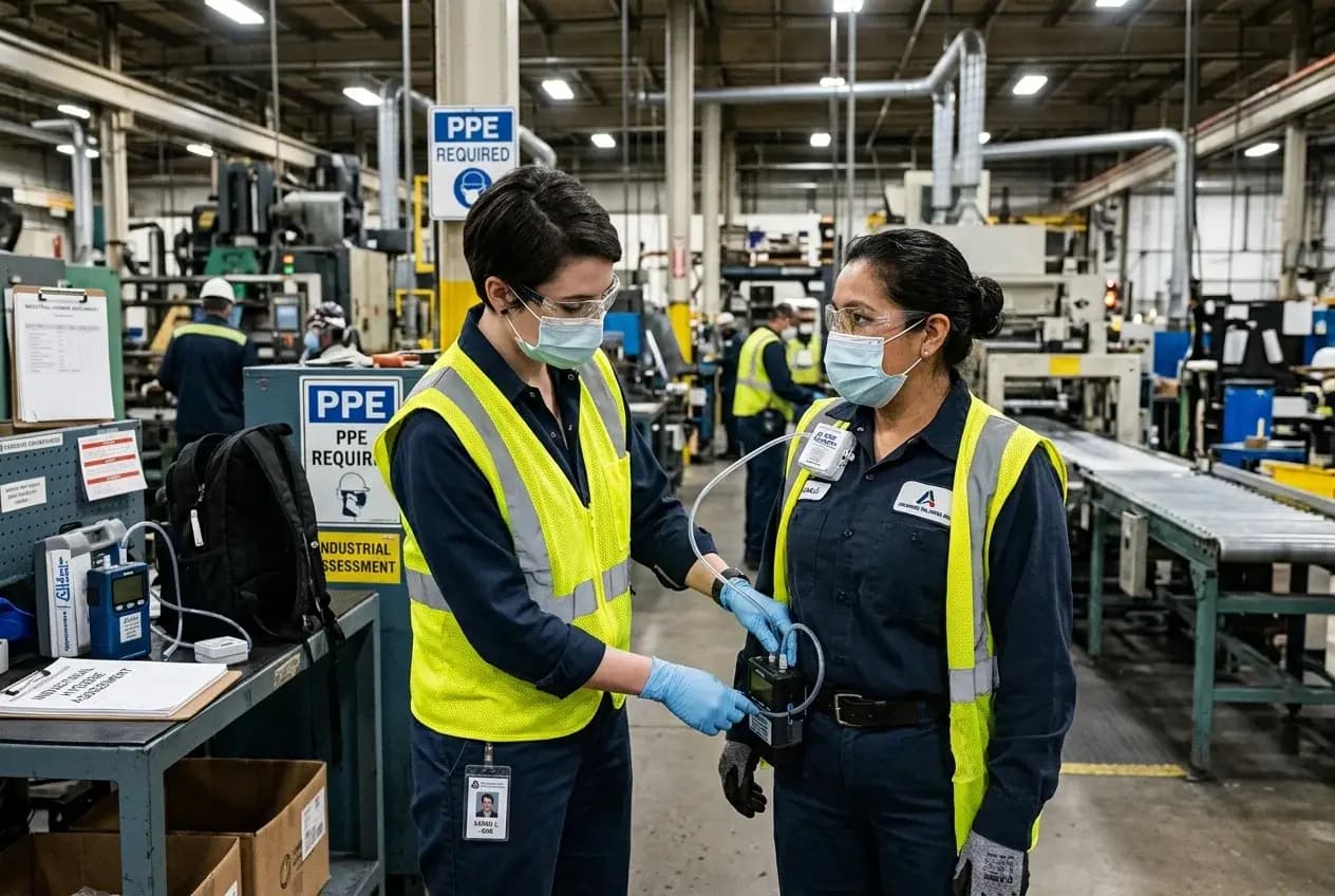 Industrial hygiene specialist placing personal air monitoring pump on a worker