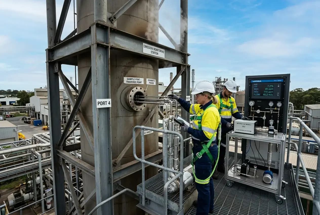 Industrial stack emissions monitoring station with testing probes