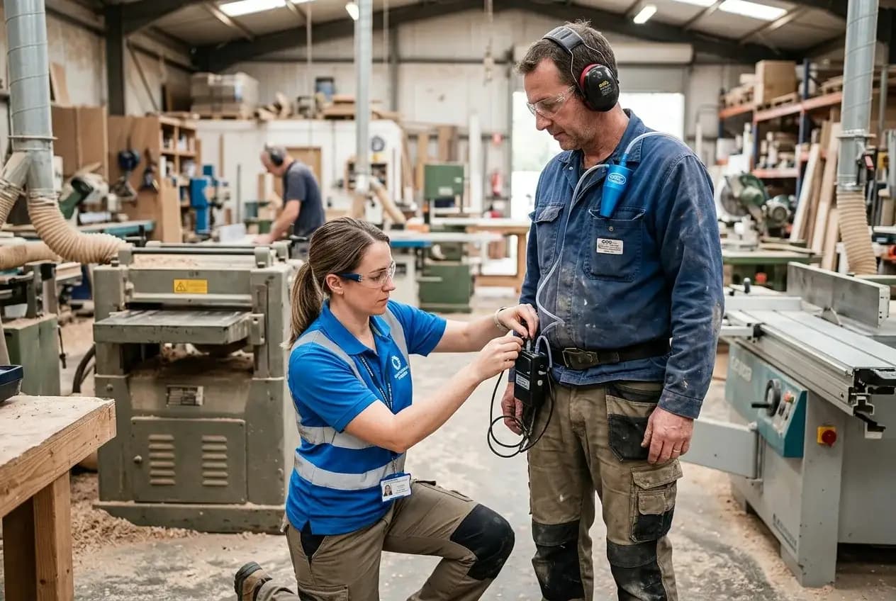 Specialist setting up workplace exposure sensors
