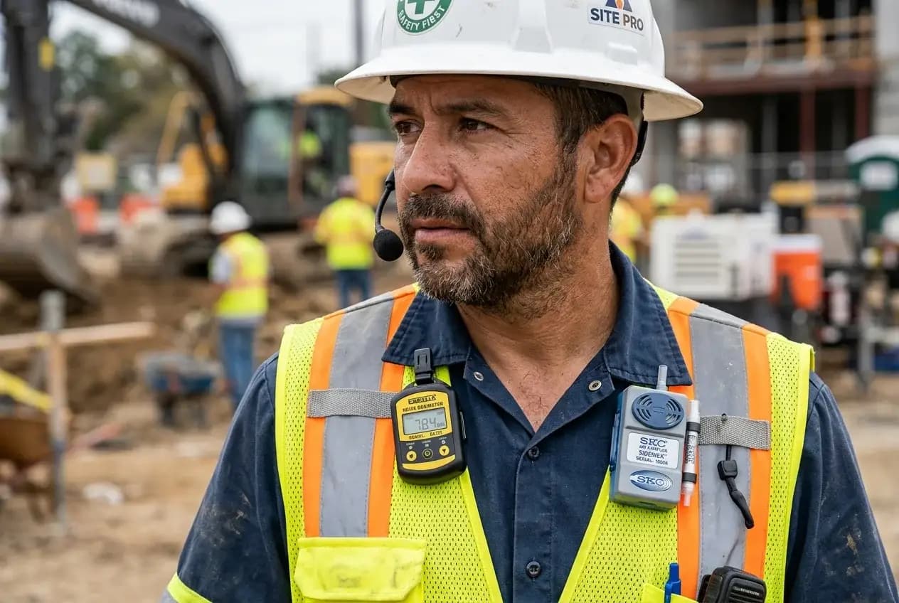 Field technician inspecting exposure monitors on a worker