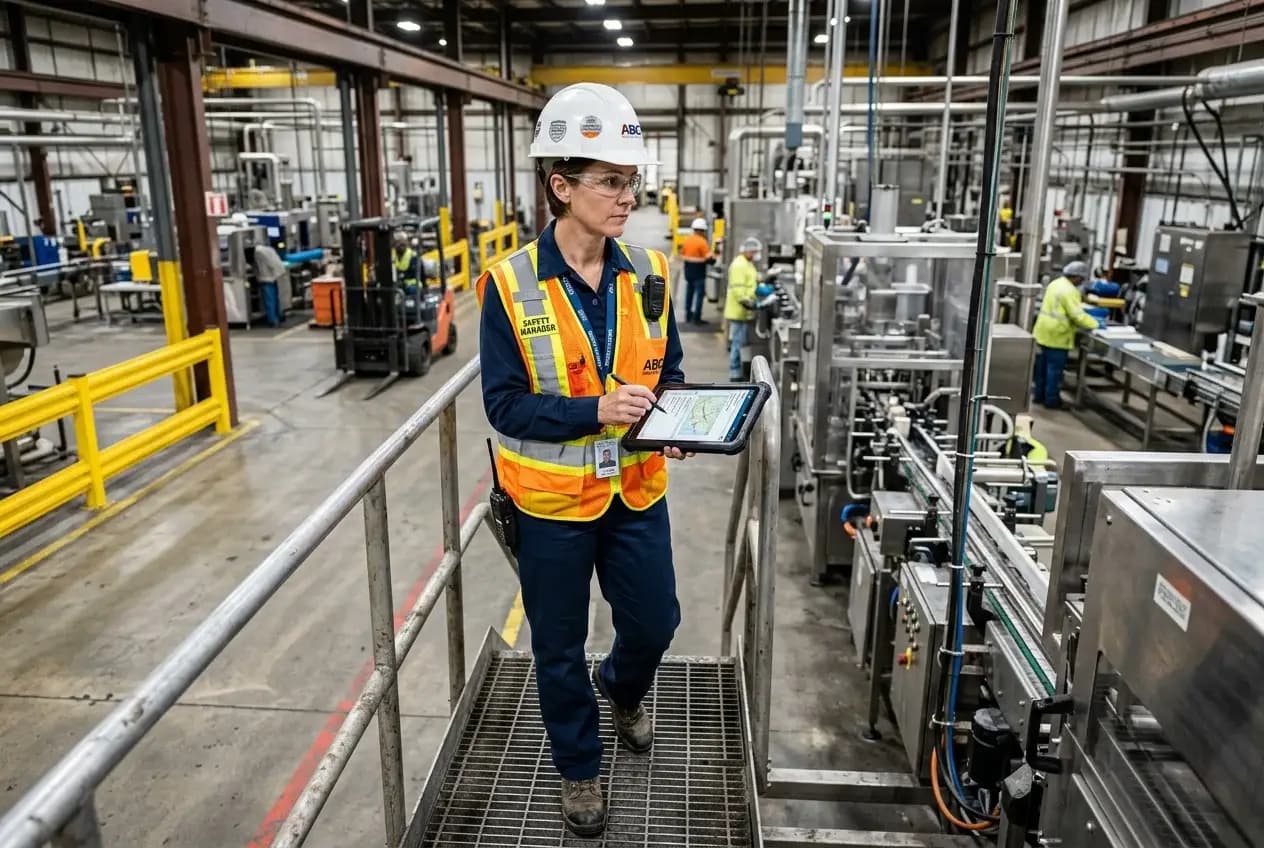 Workplace safety hazard assessment team walking factory