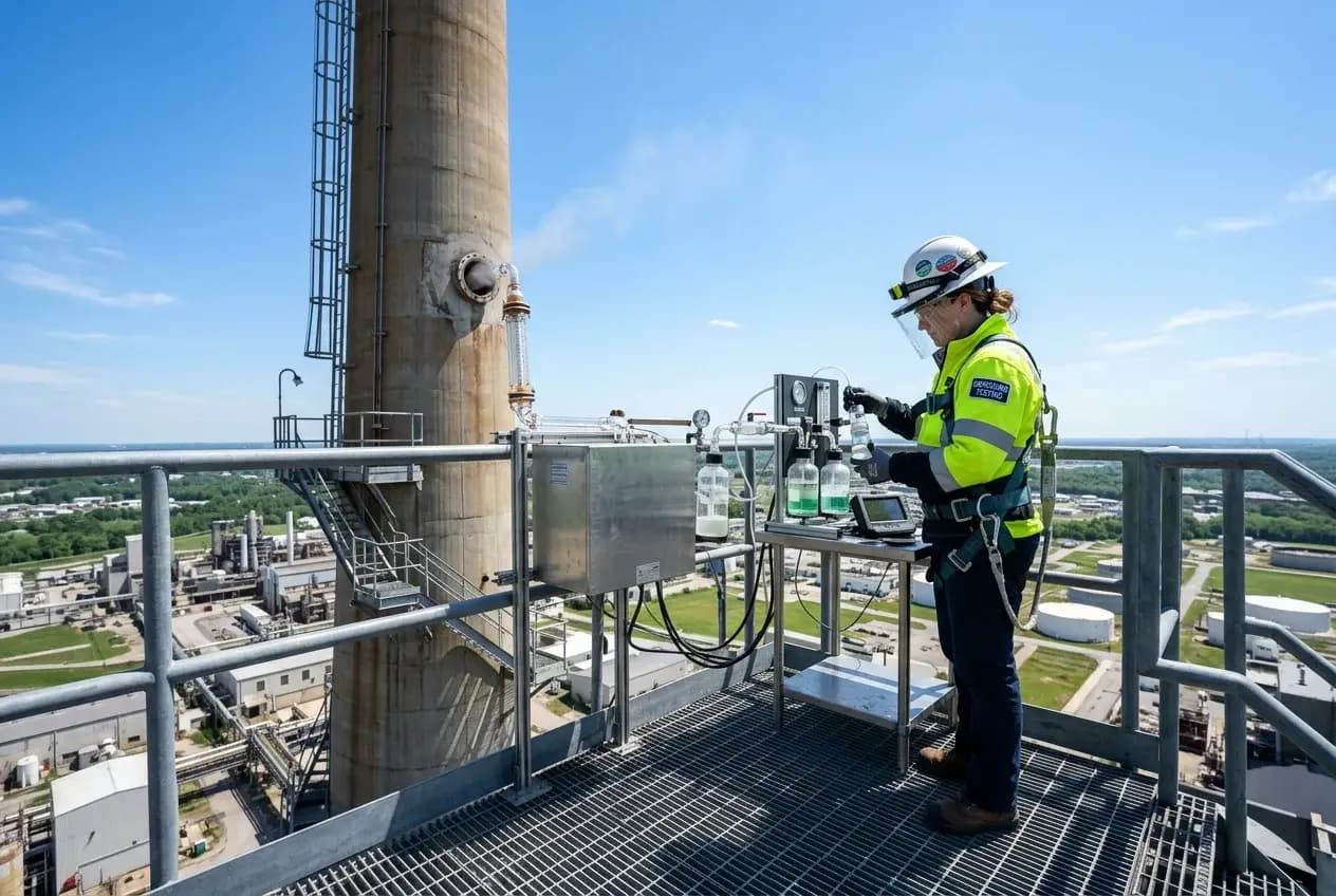 Stack emissions monitoring setup on an industrial exhaust chimney