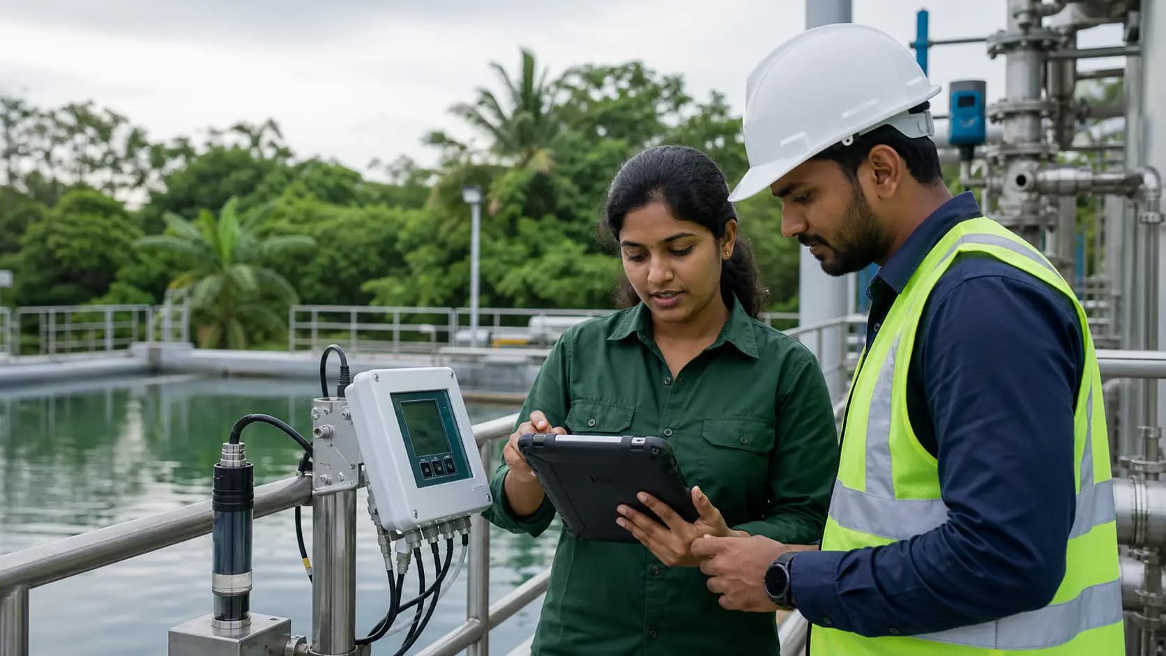 Environmental specialists reviewing monitoring data at a water-treatment facility