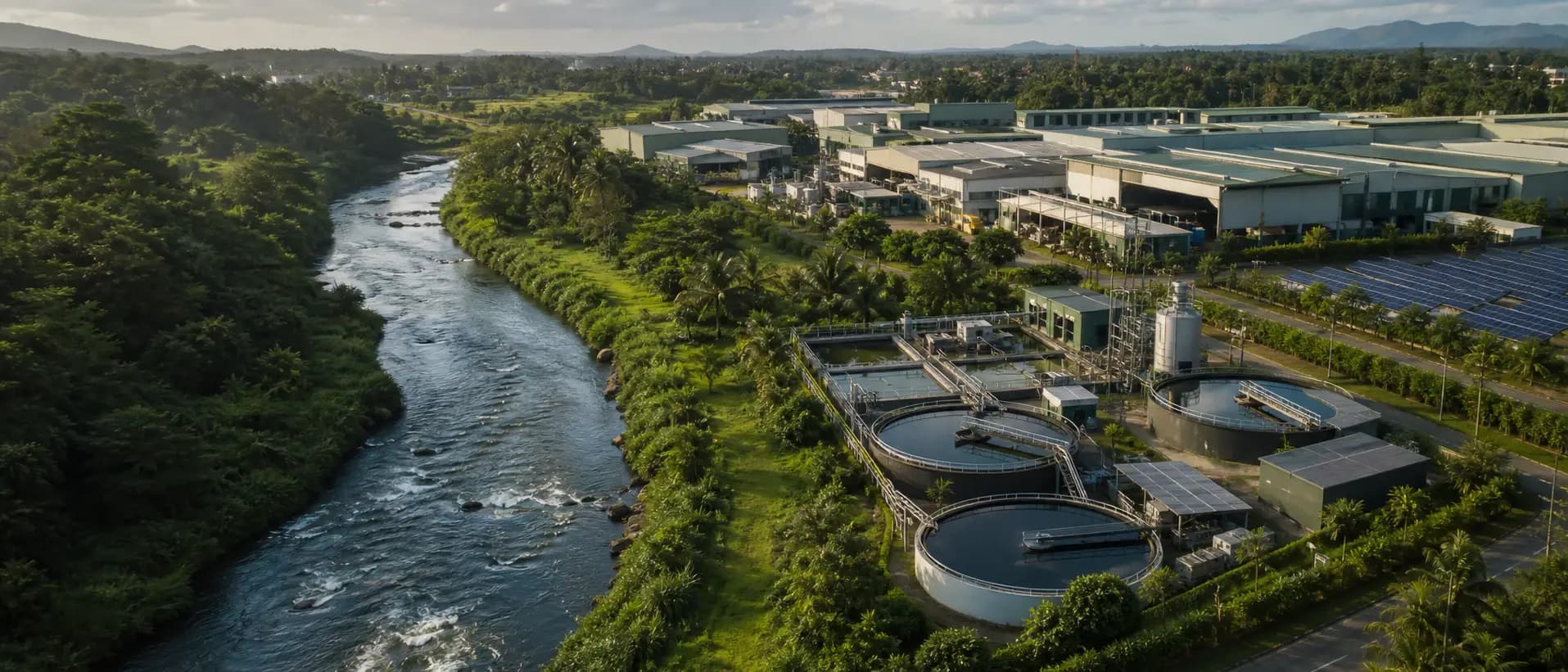Aerial view of a responsibly managed factory and water-treatment facility beside a restored river corridor