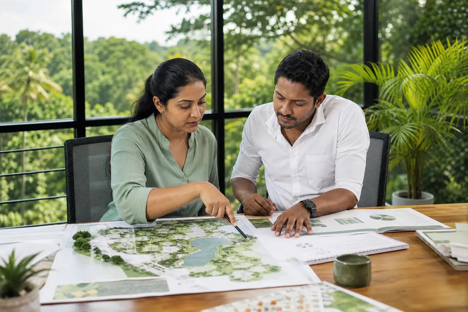 Environmental consultant and sustainability manager reviewing a site plan together
