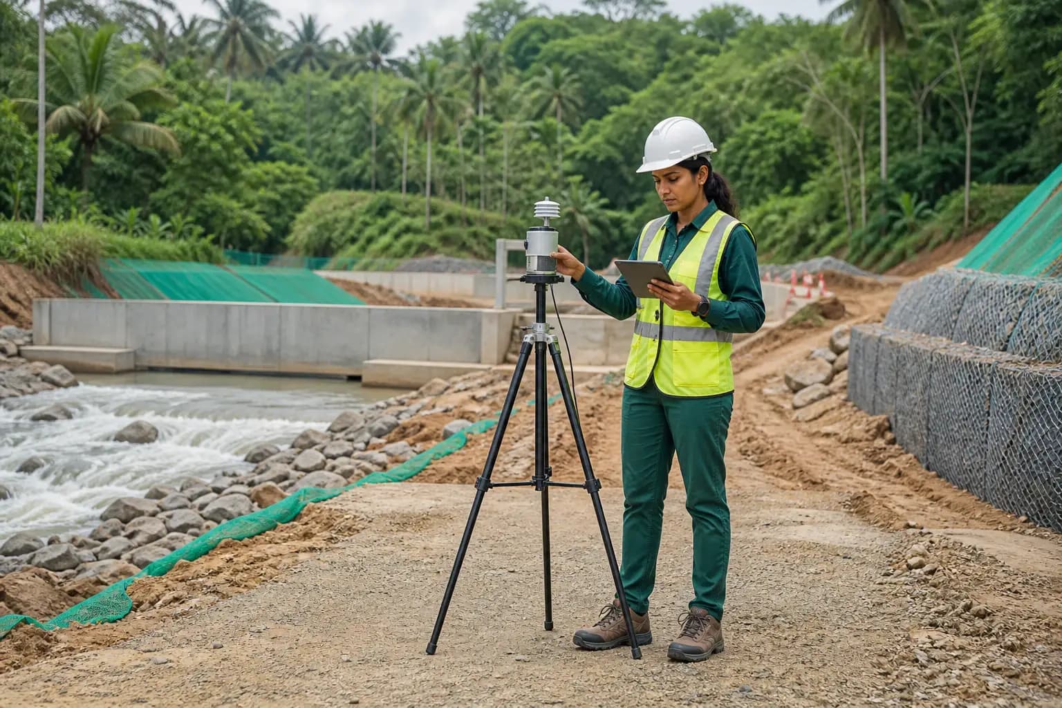 Environmental surveyor using monitoring equipment at an active project site