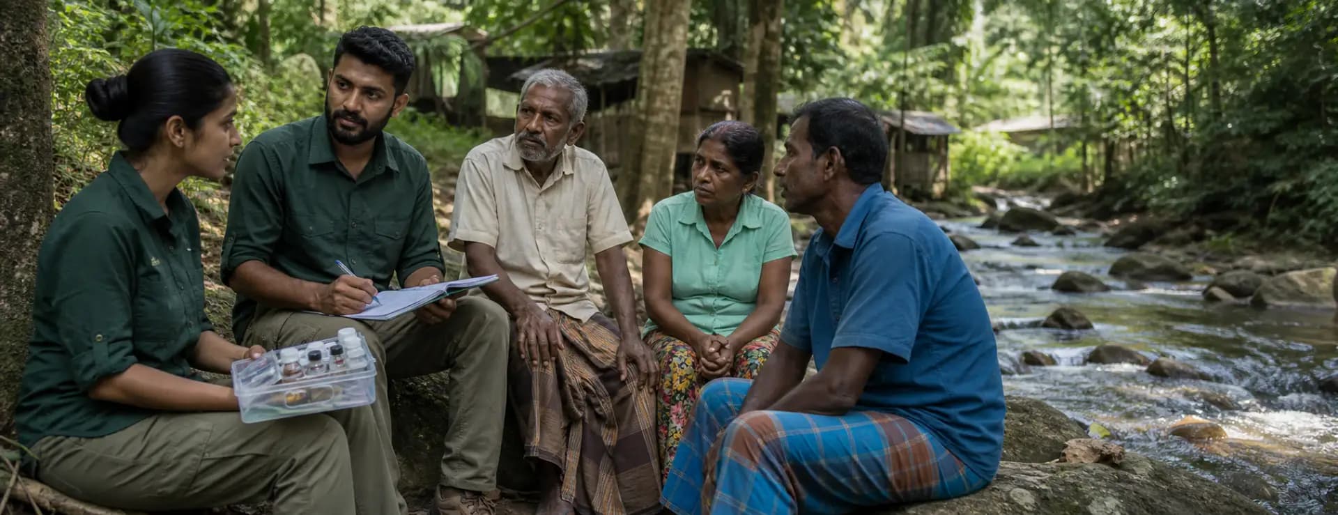 Environmental researchers conversing with local community members near a forest stream