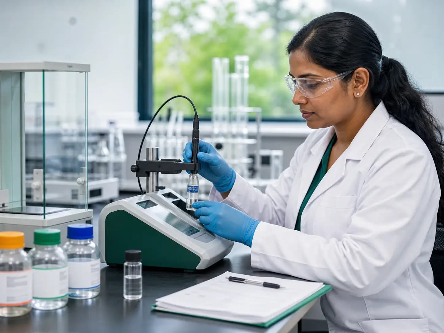 Environmental laboratory scientist calibrating a water-quality instrument
