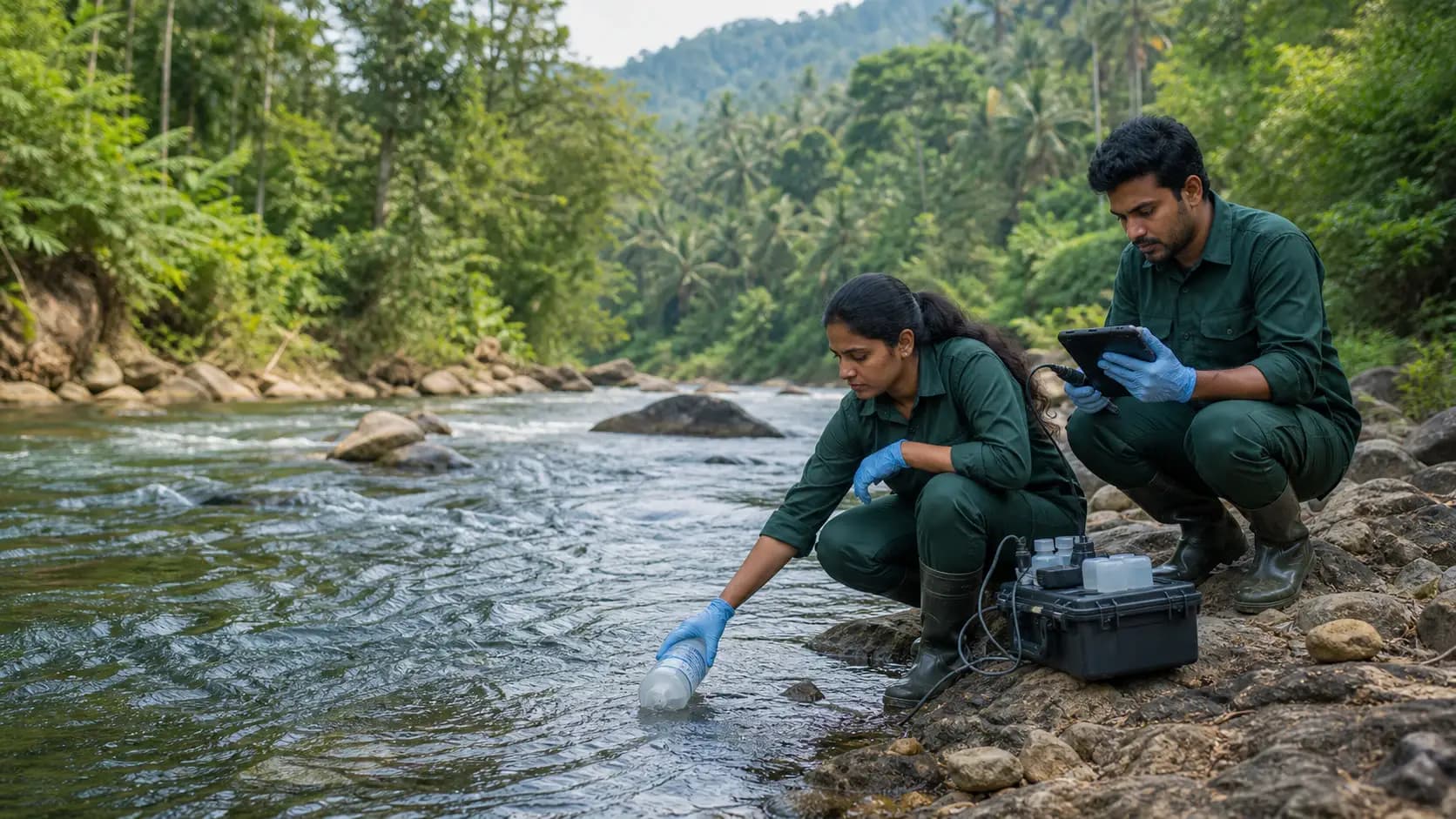 Sri Lankan environmental scientists collecting and reviewing river water-quality data